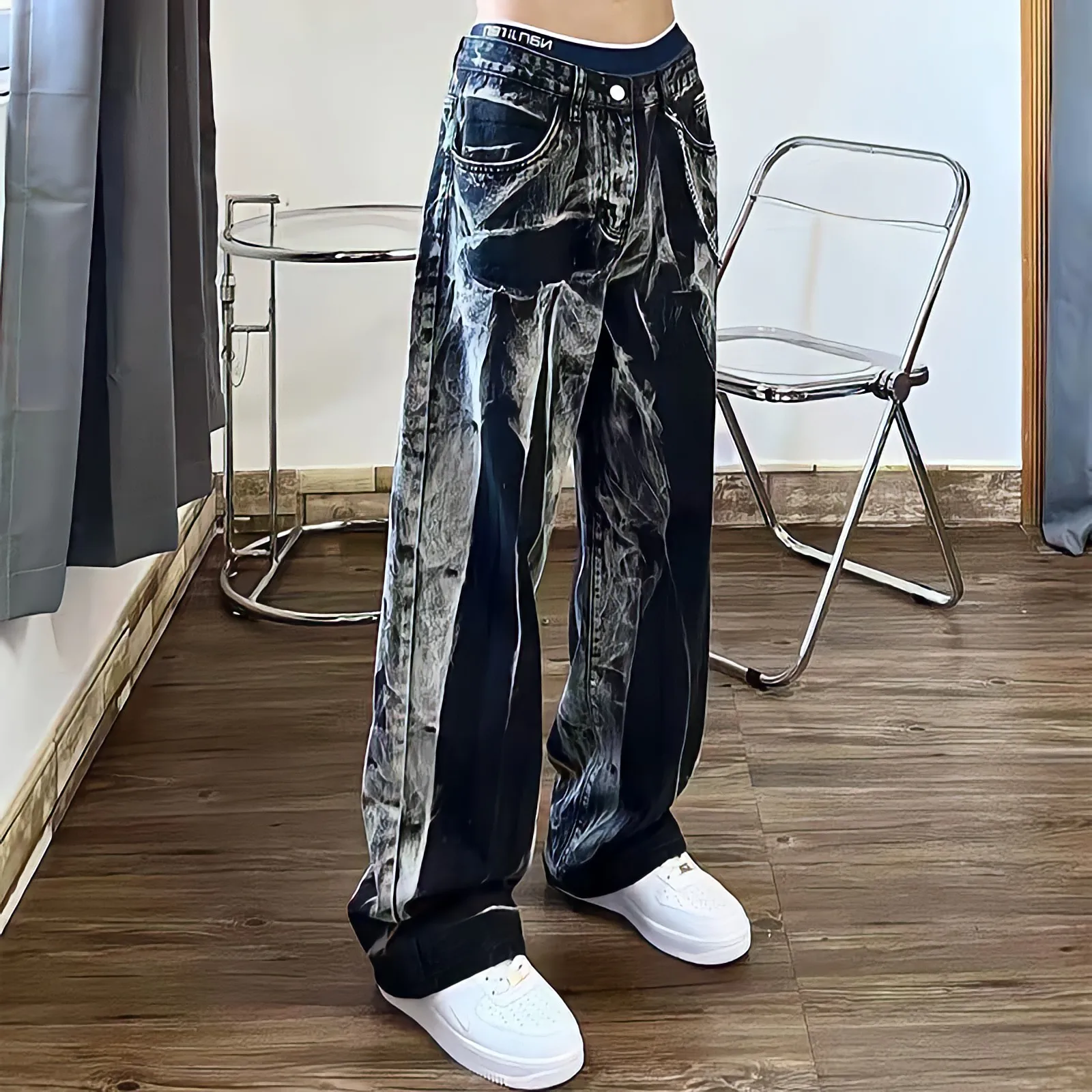 Baggy Black Jeans Women Tie Dye Washed Straight Wide Leg Pants High Waist Goth Vintage Streetwear Denim Casual Hippie Trousers