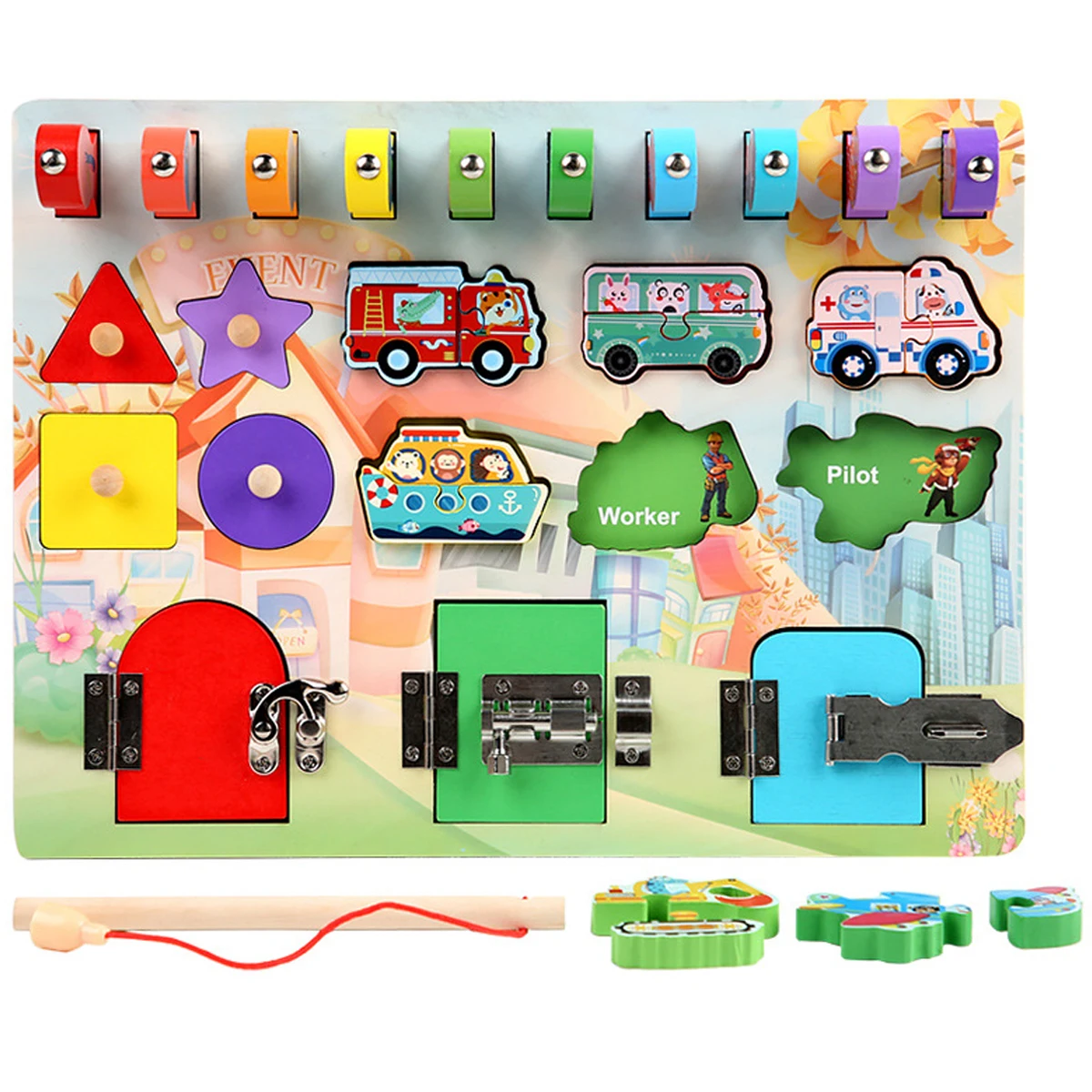 

new Fishing Busy Board 2-in-1 Activity Board with Fishing Rod Wooden Busy Board Sensory Development Montessori Board Early