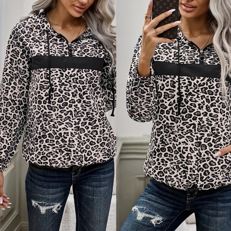 

Women Long Sleeve Drawstring Hoodies Leopard Half Up Sweatshirt drop shipping