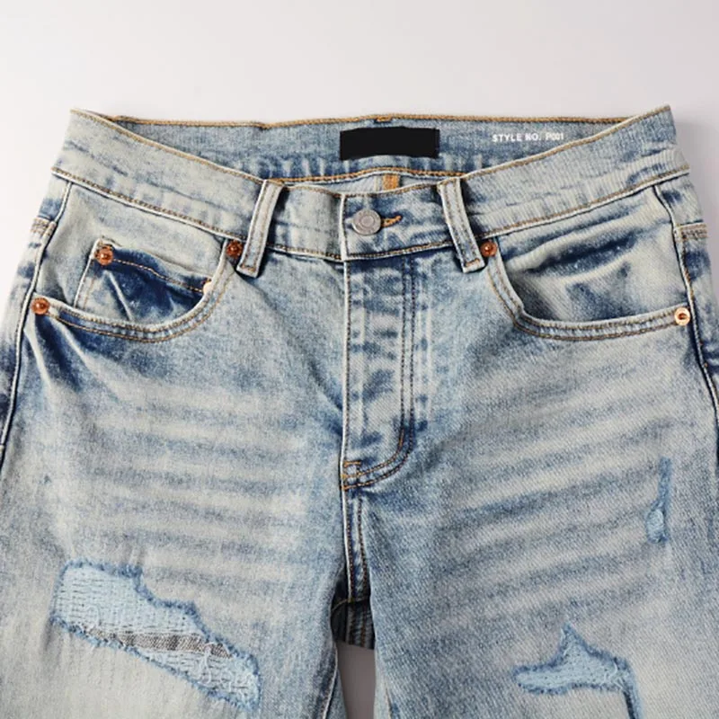 Мужские джинсы 2024ss High Street American Purple с потертыми нашивками новые модные узкие