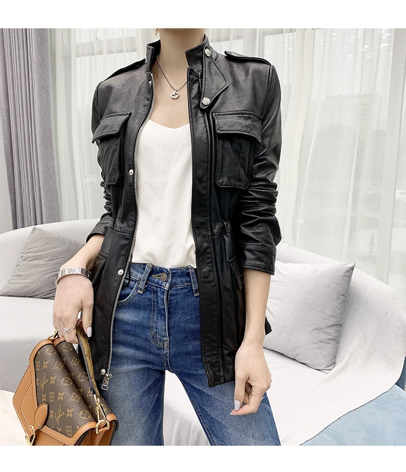 

2023 100% Real Leather Jacket Women Vintage Sheepskin Coat Spring Autumn Motorcycle Biker Jackets Women Veste Cuir Femme KJ