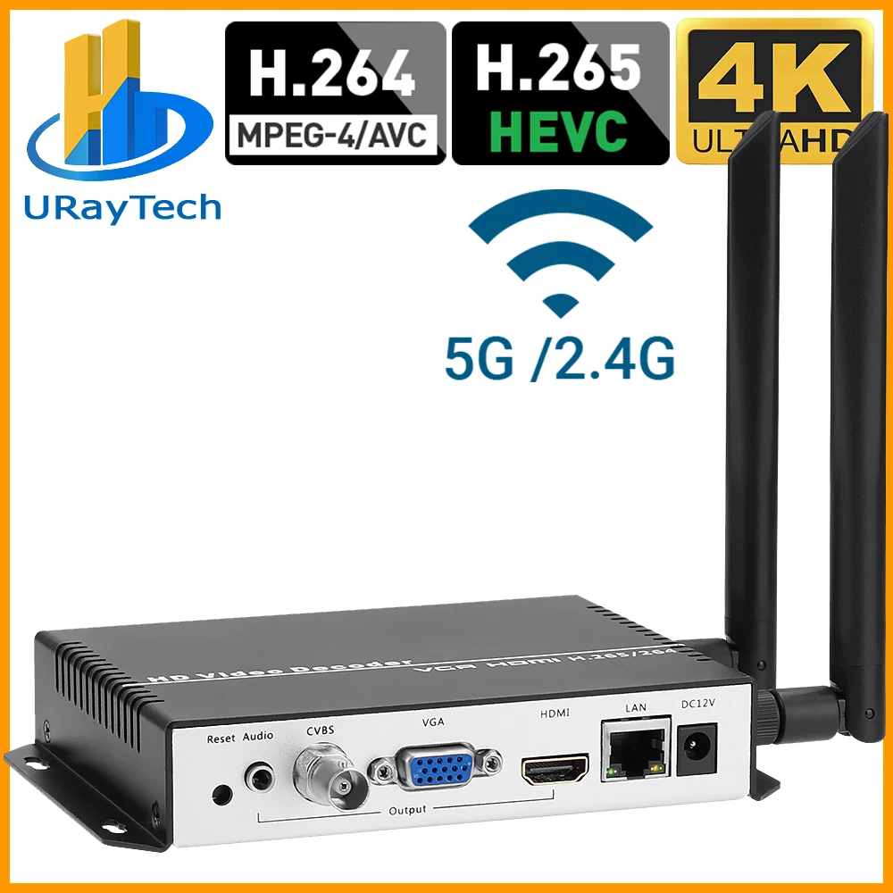 

Декодер UHD 4K H.265 H.264 HDMI VGA CVBS, декодер для HD-видео и IP потоковой передачи, Wi-Fi, конвертер HTTP RTSP RTMP UDP HLS в HDMI VGA CVBS