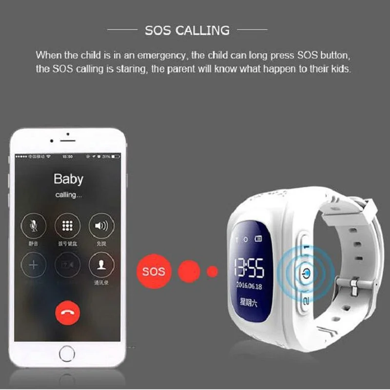 Детские часы со встроенным GPS-трекером, SOS-кнопкой, монитором положения, подключаемые к телефону, совместимыми с IOS и Android, модель Q50.
