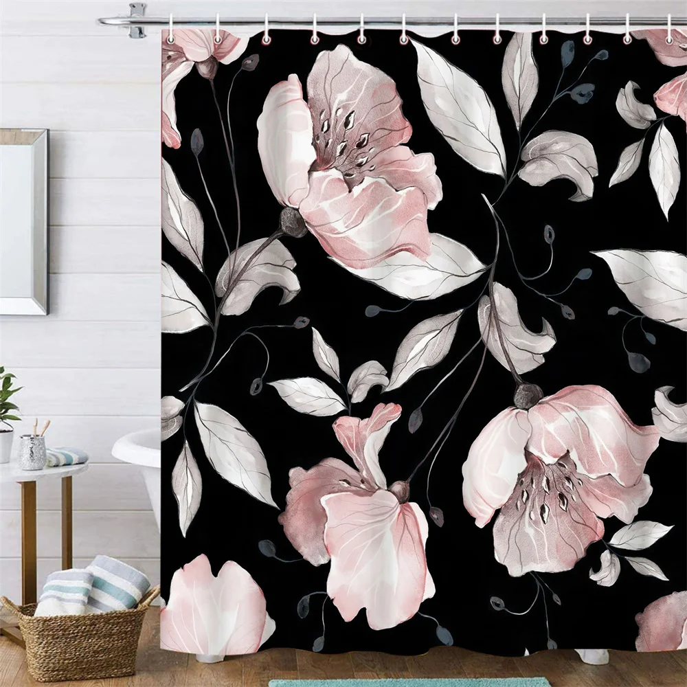 

Black Shower Curtain Begonia Flower Bathroom Decoration Multiple Colors No Punching Waterproof Curtains Personalized Screen