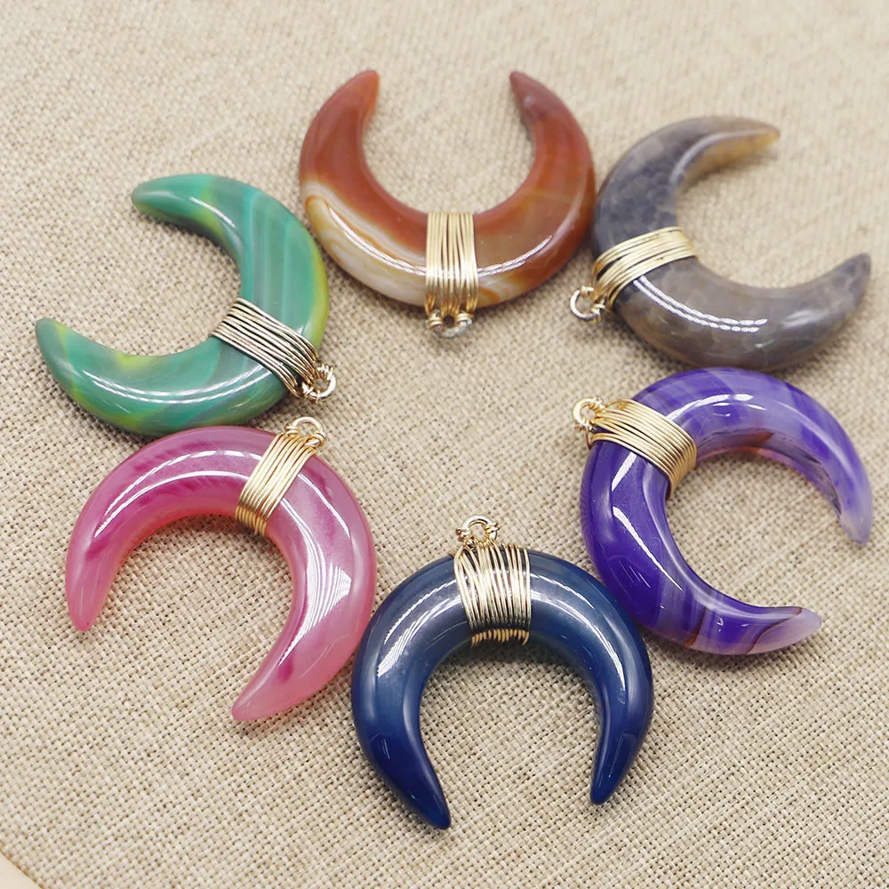 

Natural Stone Multi-color Bull Horn Necklace Moon C-shaped Sweater Chain Wound Pendant Charm Jewelry Making Accessories 6Pcs/Lot