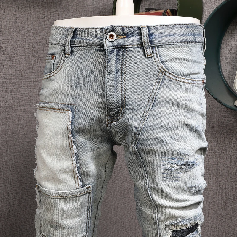 Fashion Streetwear Men Jeans Retro Light Gray Blue Stretch Slim Fit Vintage Ripped Jeans Men Patch Designer Hip Hop Pants Hombre