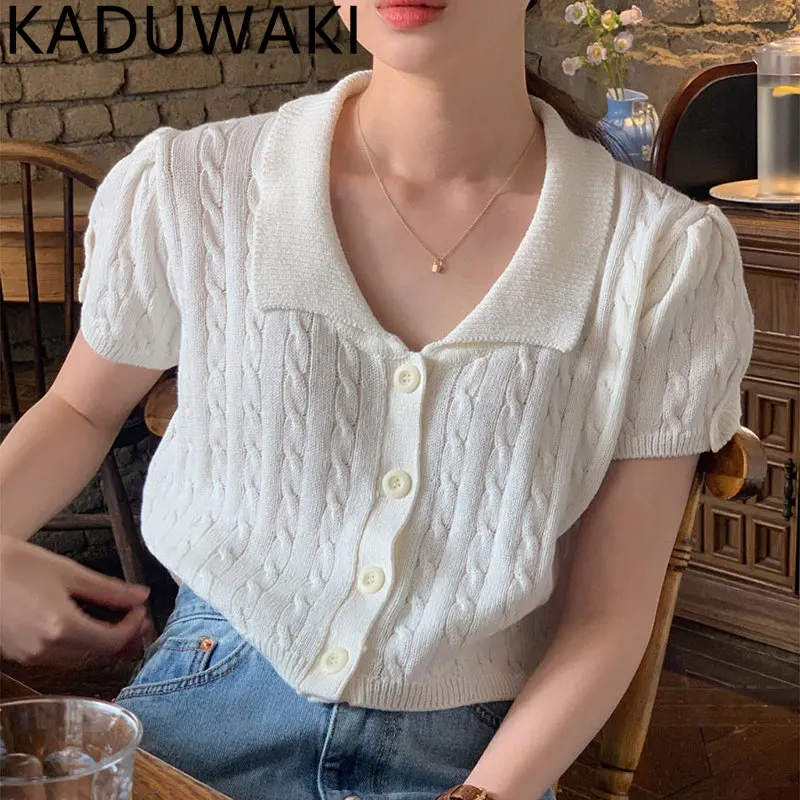 

Korean Cardigan Soild Knitted T-shirt Elegant Chic Turn-Down Collar Shirts All-match Female Short-sleeved single breasted Top