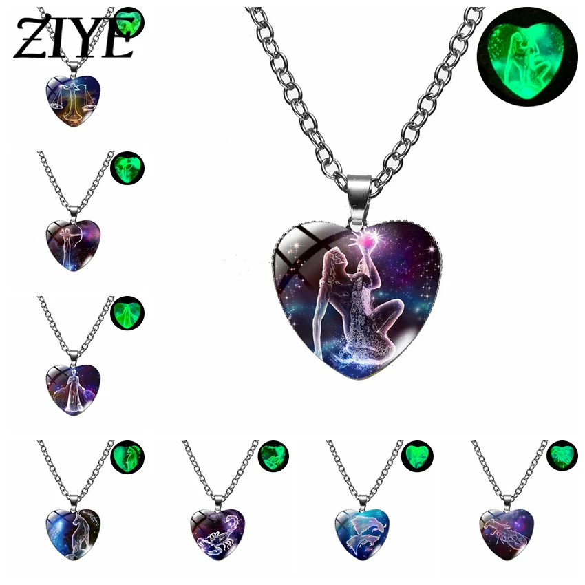

Luminous Zodiac Symbols Necklace Trend Fashion Glass Dome Heart Pendant Silver Color Chain for Men Woman Gift Jewelry Accessorie