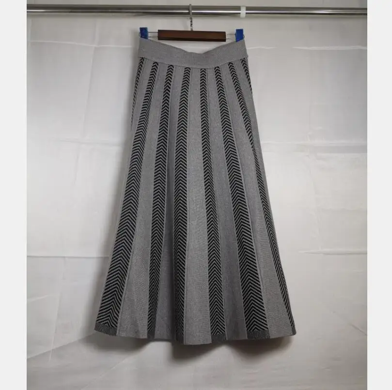 

Женская длинная кашемировая юбка, плиссированная кашемировая юбка-трапеция с высокой талией, жаккардовая длинная юбка в полоску, весна-осень 2023, H093