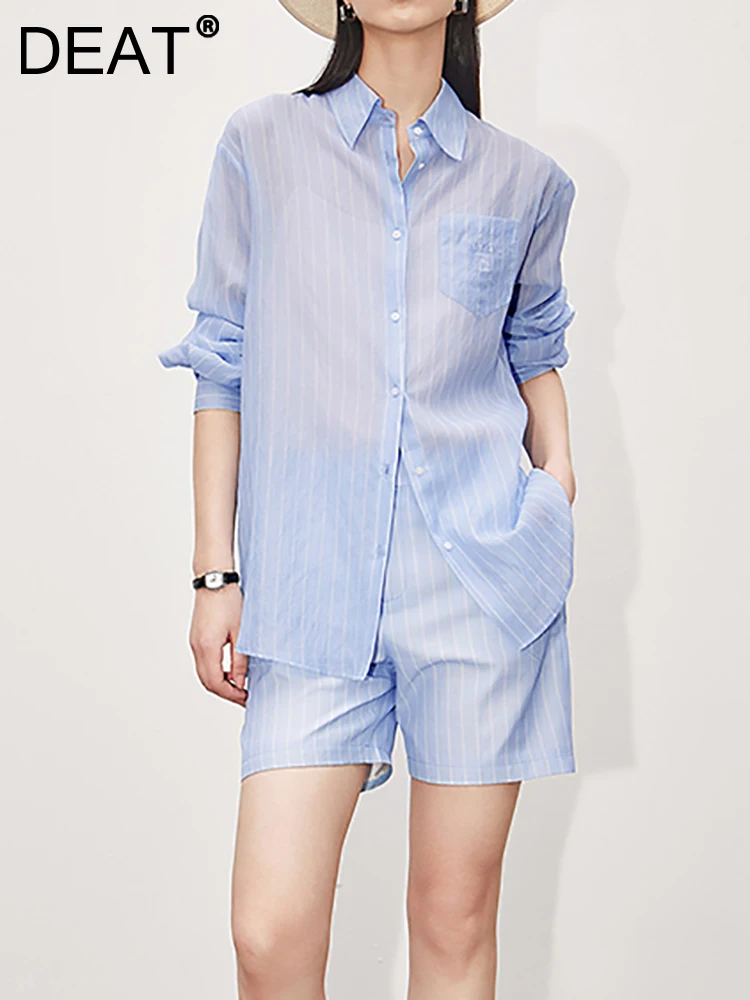 

DEAT Fashion Women's Shirt Striped Lapel Long Sleeve Single Breasted Pocket Blouse Solid Color Camis Summer 2023 New 17A8978