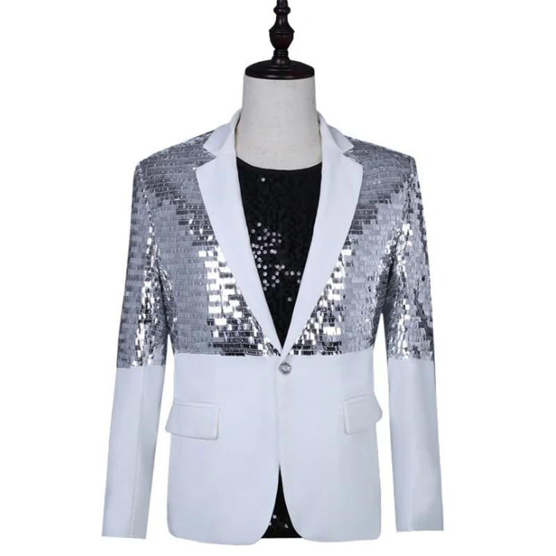 Singers silver sequins blazer men suits designs korean jacket mens stage costumes clothes dance star style dress punk rock