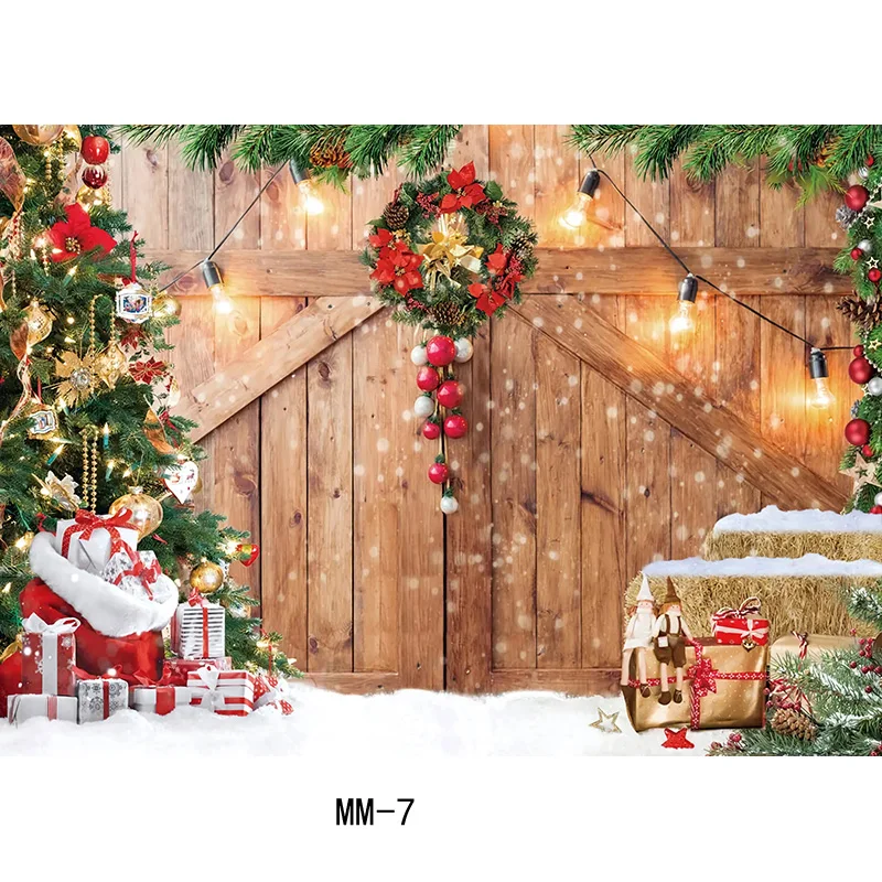 

SHUOZHIKE Christmas Tree Flower Wreath Wooden Gift Photography Backdrop Window Snowman Cinema New Year Background Prop HH-108