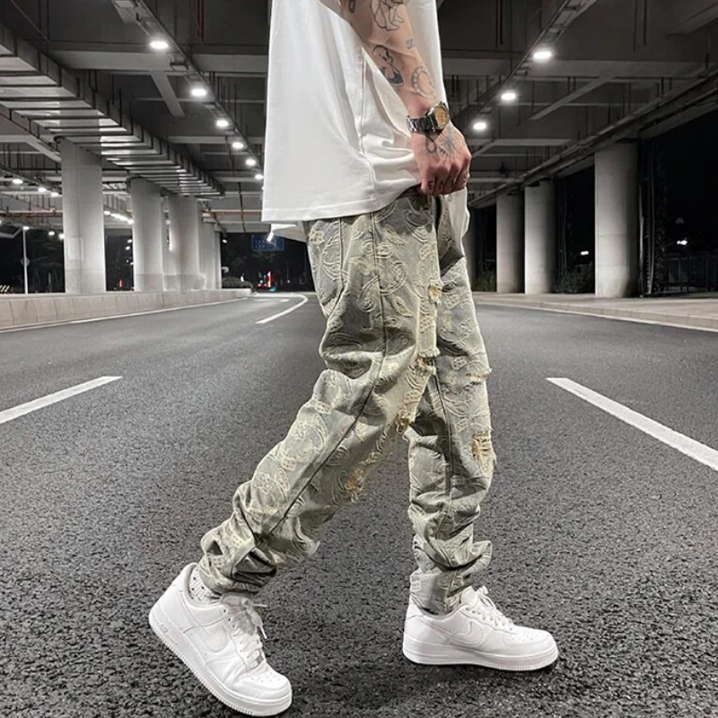 Fashion Paisy Denim Jeans Mens Destoryed Holes Zipper Jeans Pants Hip Hop Streetwear New Summer Casual Joggers Loose Jeans Pants