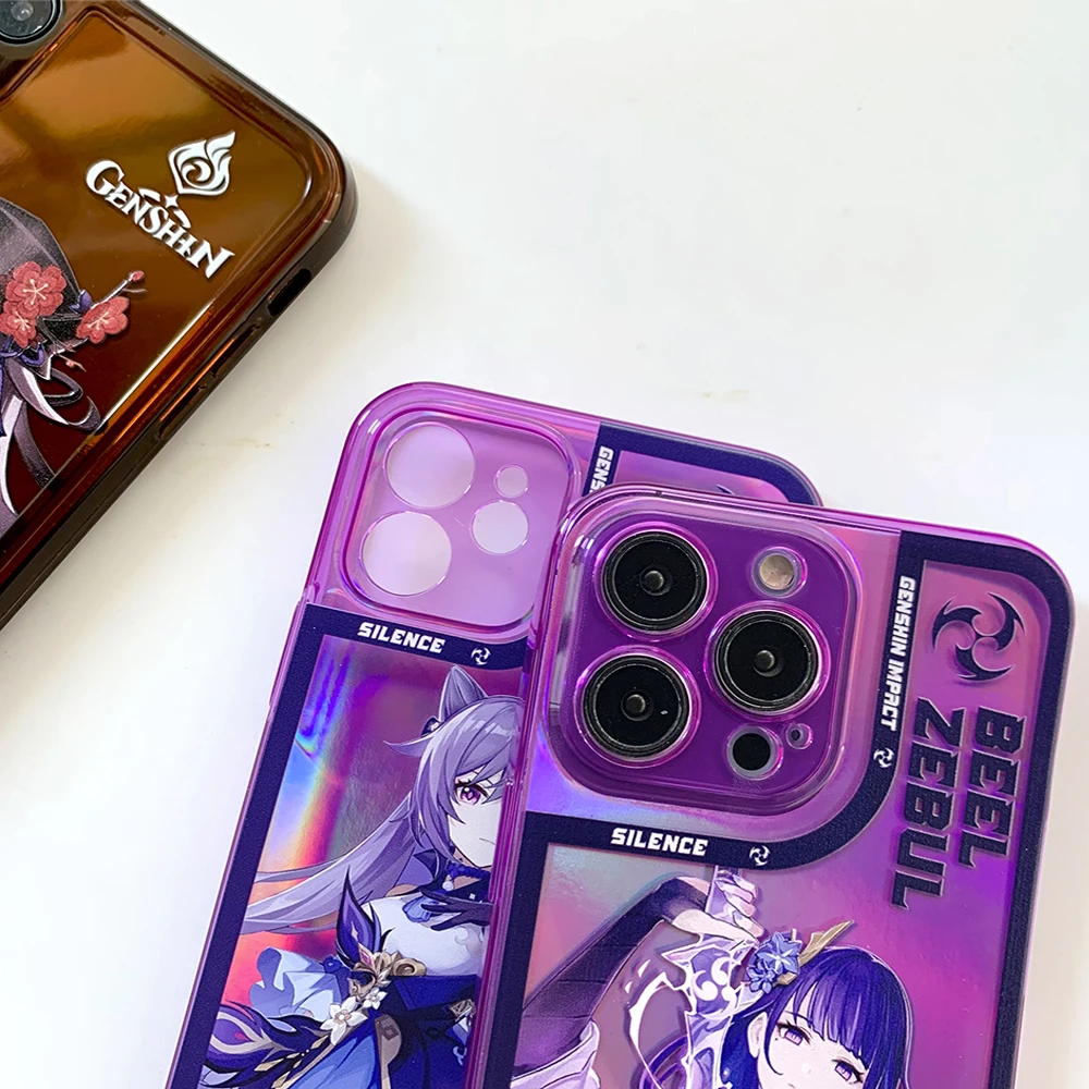 hot raiden shogun baal phone case for iphone 13 mini 12 11 pro max xs x xr yae miko hutao genshin impact fluorescent clear cover free global shipping