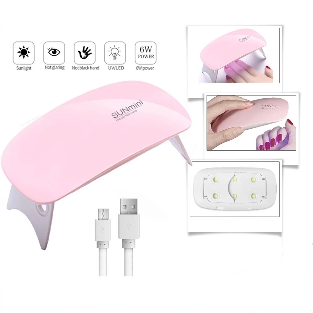 

6W Mini Nail Dryer Machine Portable 6 LED UV Lamp Portable Home Manicure Lamp for Gel Based Manicuring Nail Tool with USB Cable