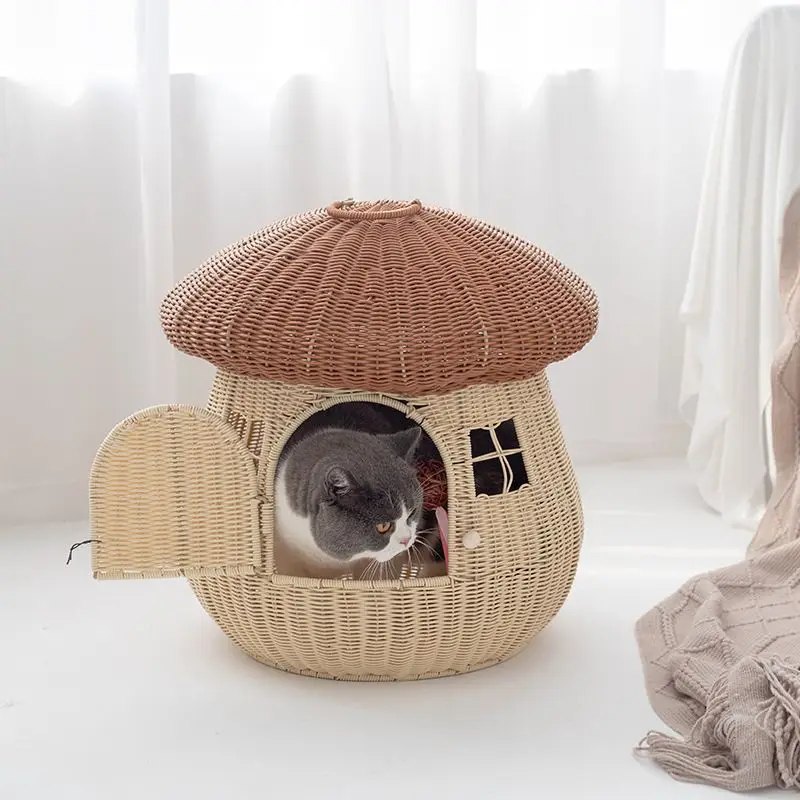 

Pet Kennel Rattan Nest Cute Cat Dog Anti-Rattan Mushroom House Handmade Wicker Basket Bed Cave Furniture Kitten Small Puppy