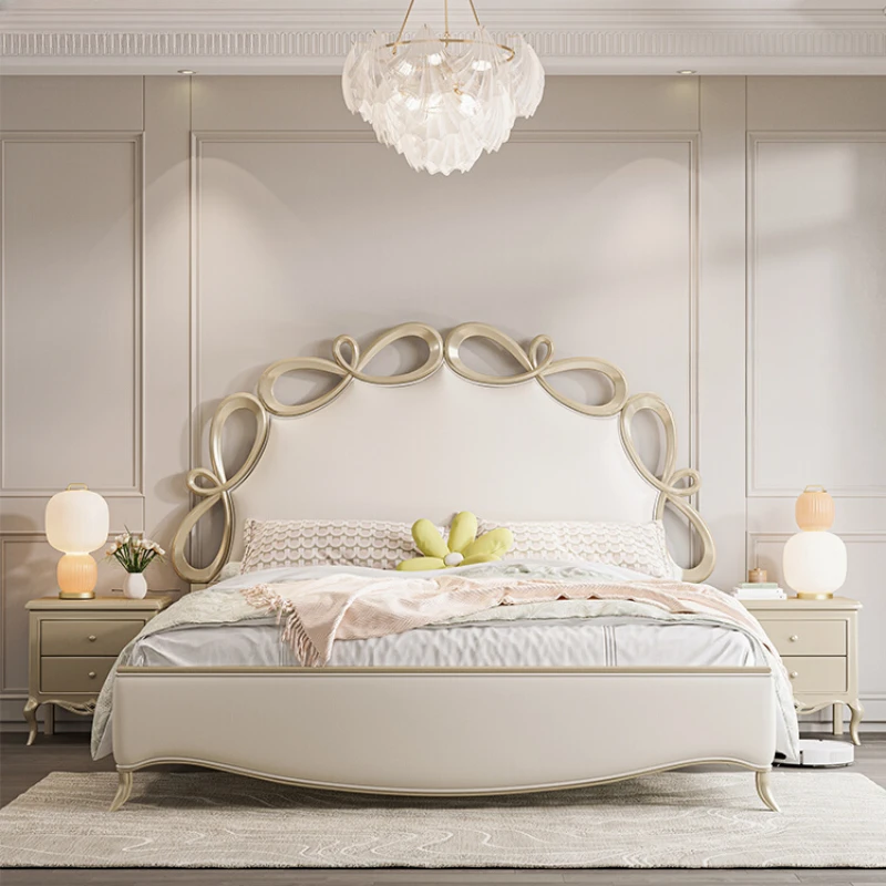 Американская светлая роскошная двуспальная кровать из мягкой кожи для свадьбы