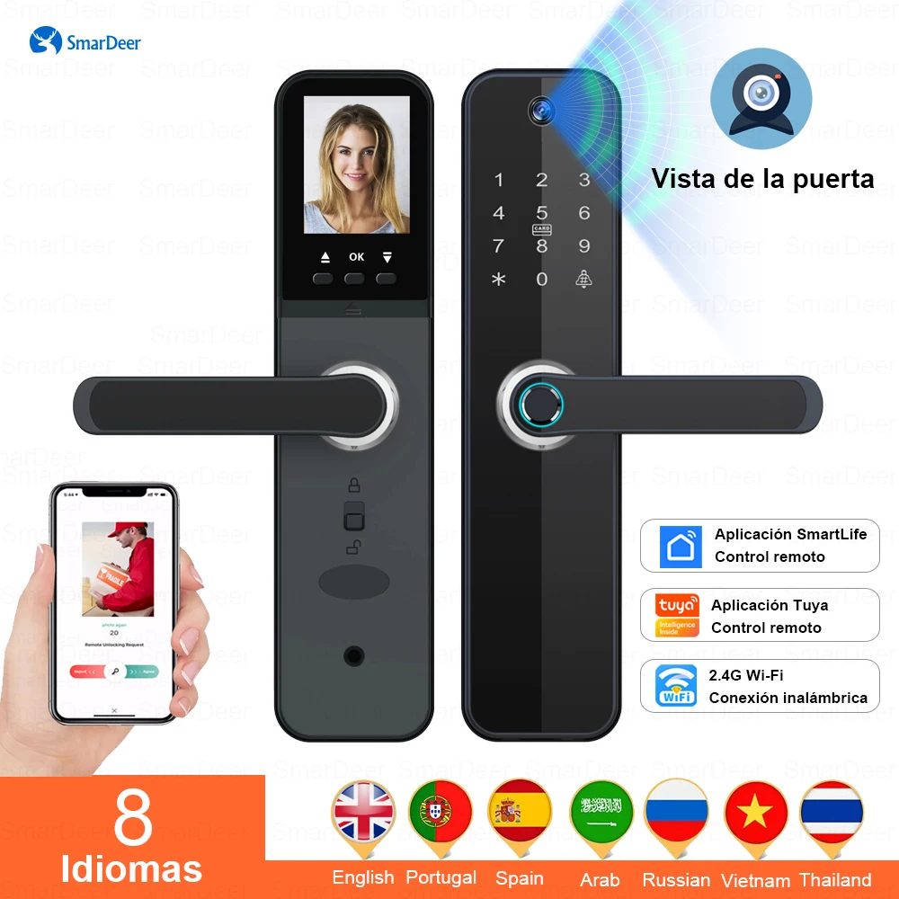 

SmarDeer Electronic Door Lock with Camera Tuya Smart Lock with Remote Unlock Keyless Entry Code Door Lock Mechanical key unlock