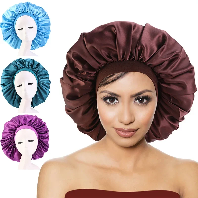 

Women Night Sleep Hair Caps Silky Bonnet Satin Double Layer Adjust Head Cover Hat For Curly Springy Hair Styling Accessories