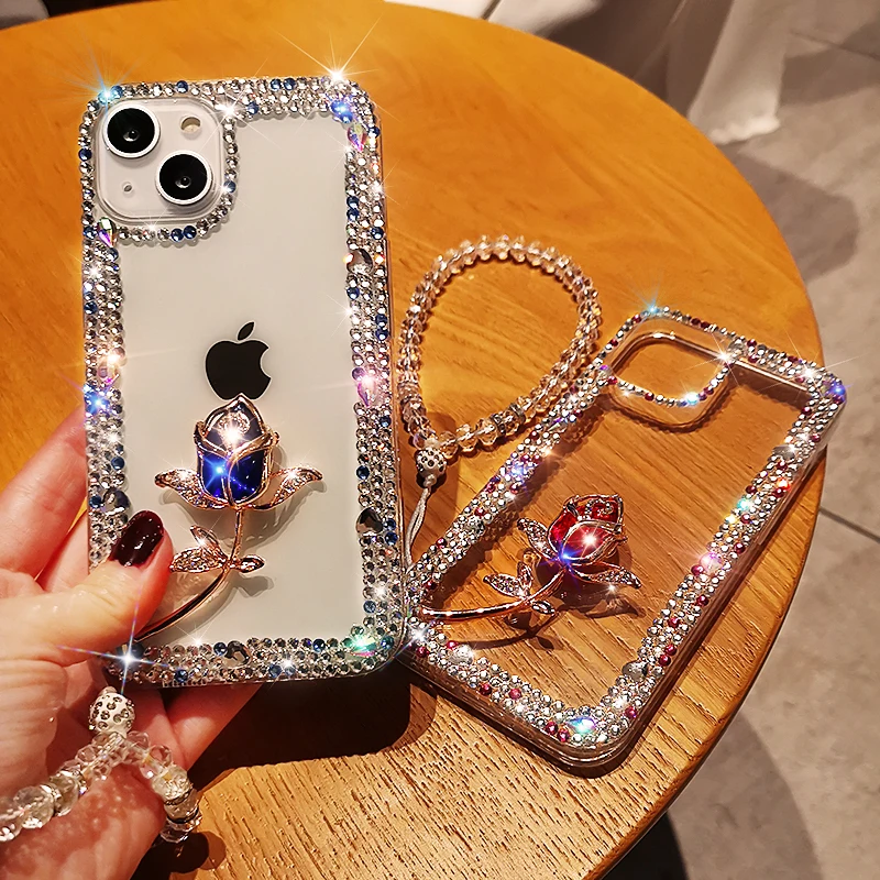 

Mobile Phone Case For IPhone 11 12 13 Luxury Gem Rose for IPhone13 Pro Max Crystal Jewelry with Bracelet Lanyard Protective Case