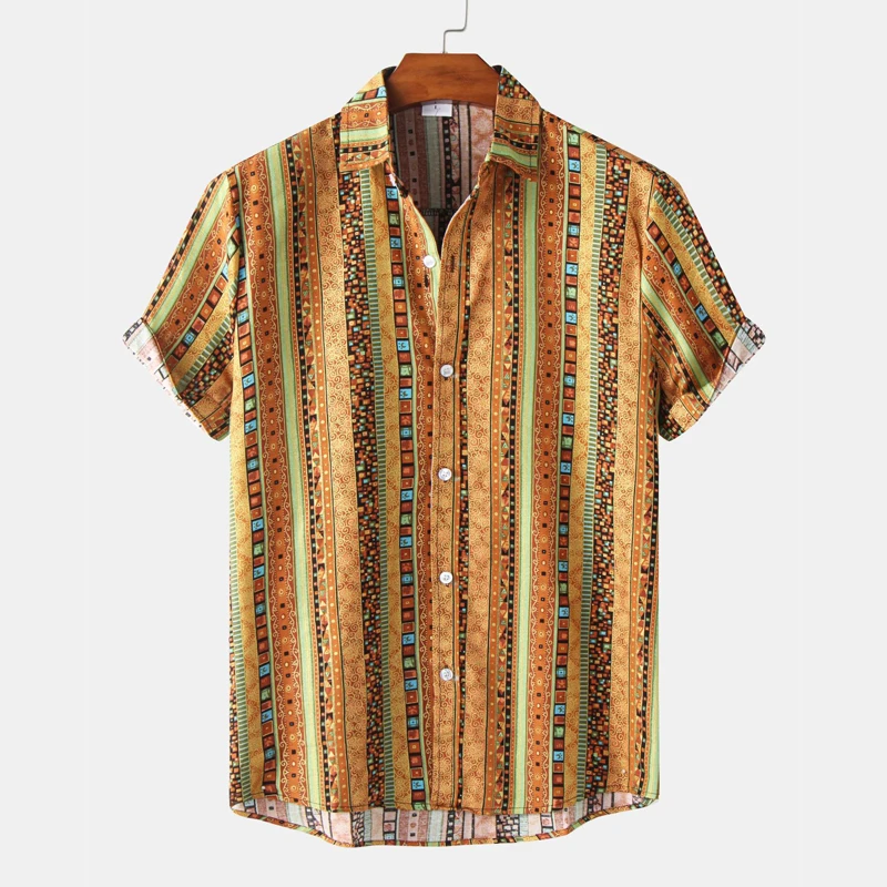 

African Print Hawaiian Shirt Men Brand Short Sleeve Striped Traditional Tropical Holiday Beach Shirts Men Casual Hippie Clothing
