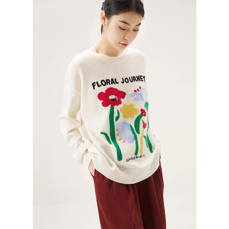 

2022 Pullover Embroidery 100% Wool Outfit Korean Fashion O-Neck Sweet Autumn/Winter A-straight Sweater Women Floral