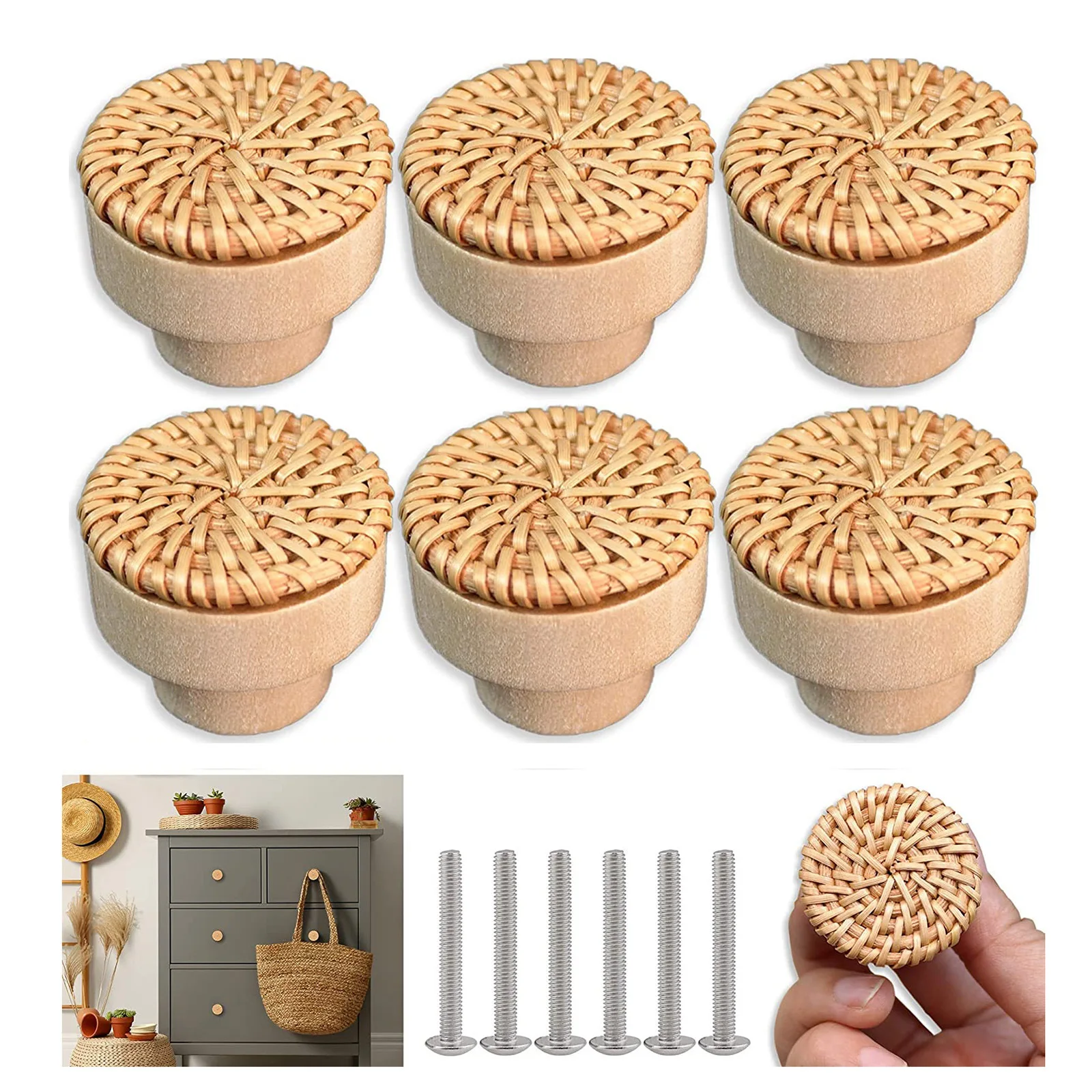 

Raw Wood Handle Rattan Woven Circular Cake Wooden Handle Cabinet Door Drawer Wooden Handle Sngle Hole