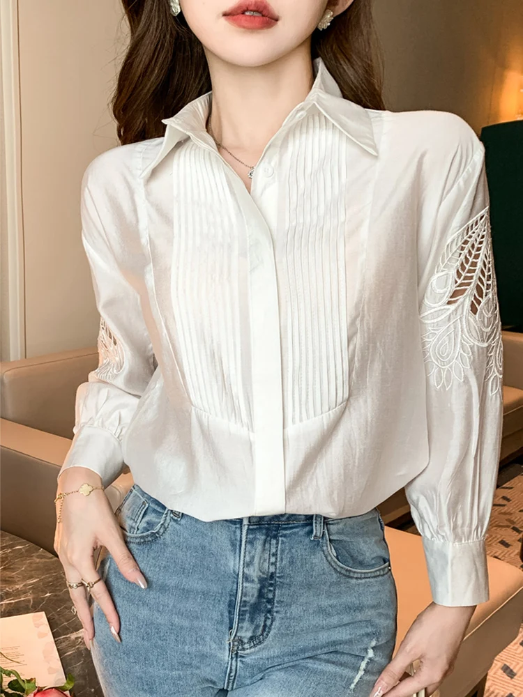 Блузка женская плиссированная с отложным воротником и длинным рукавом осень 2024