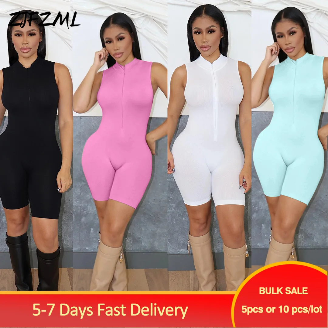 

Bulk Items Wholesale Lots Moto Biker Bandage Rompers Womens Jumpsuit Festival Clothes Streetwear Ribbed Sleeveless Sheath Outfit