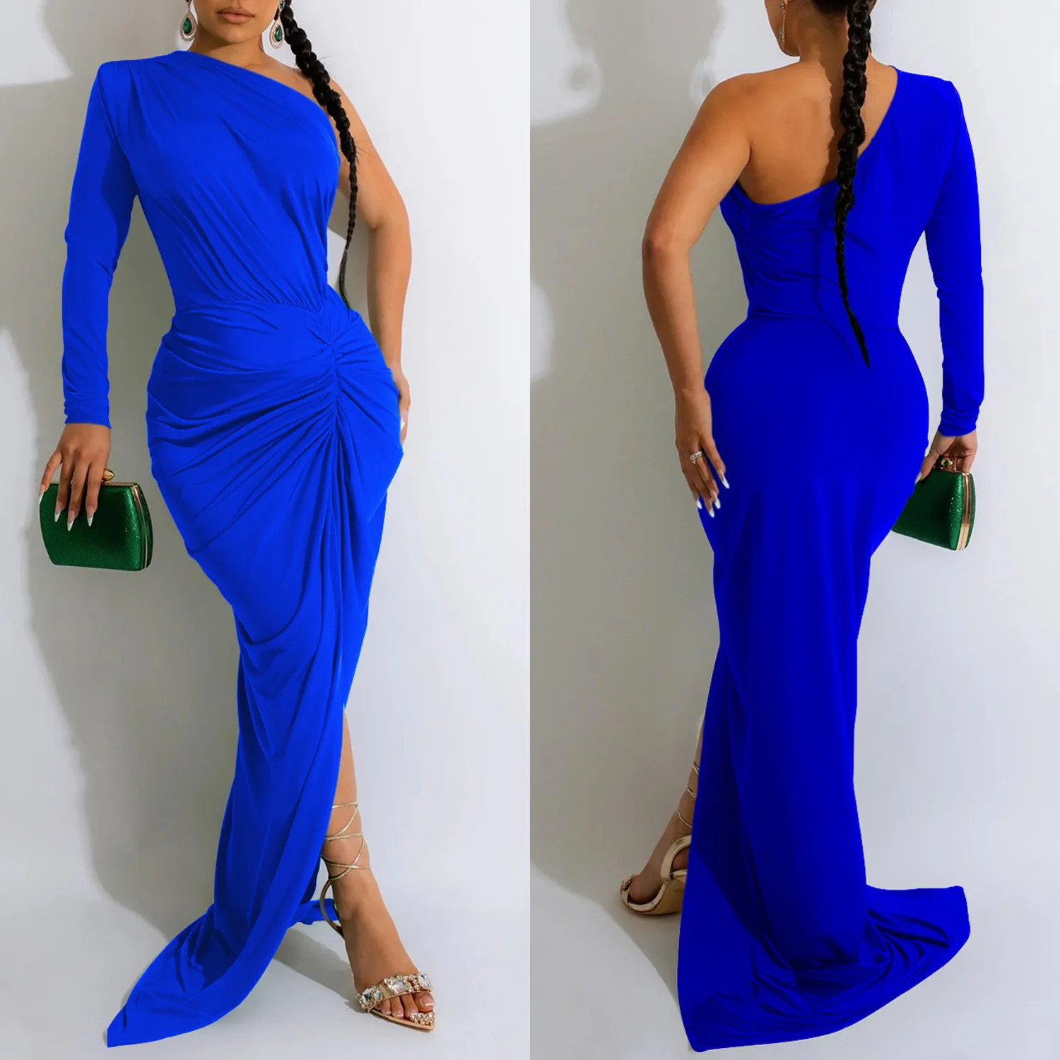 Women Elegant Soild Cocktail Dress One Shoulder Long Sleeve Prom Party Dress Bodycon Slim Waist High Split Nightclub Dresses
