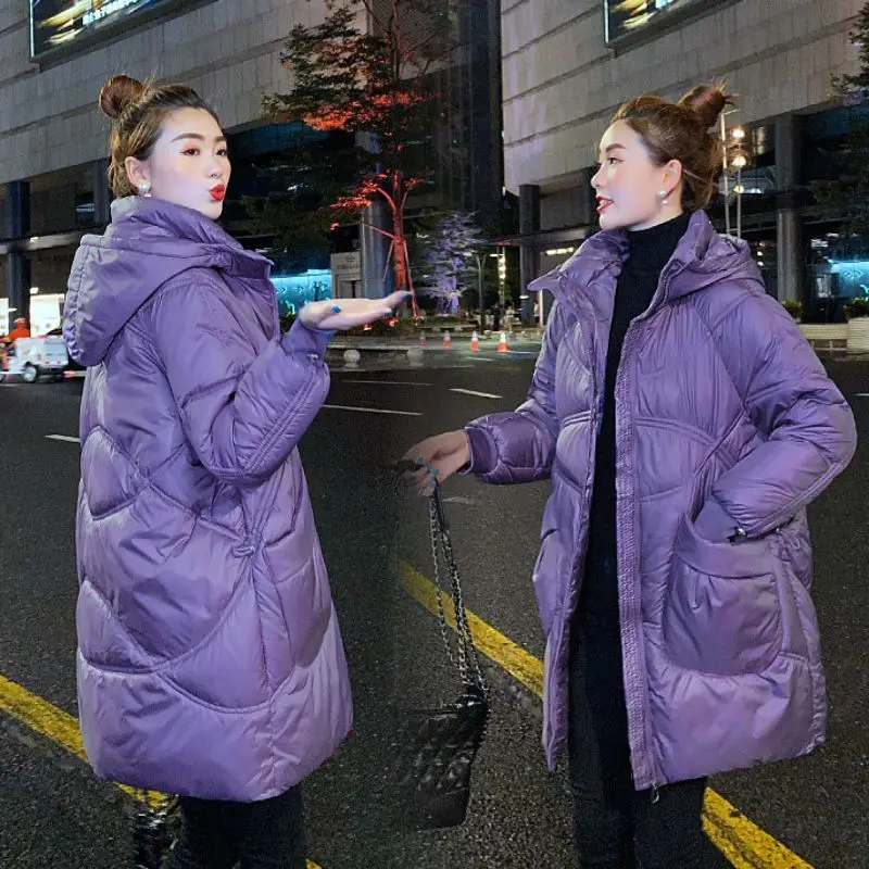 2023 Mid-length Glossy Women's Padded Coat Commute Dignified Hooded Loose Thick Warm Parkas Wild Bread Clothes Women's Clothing