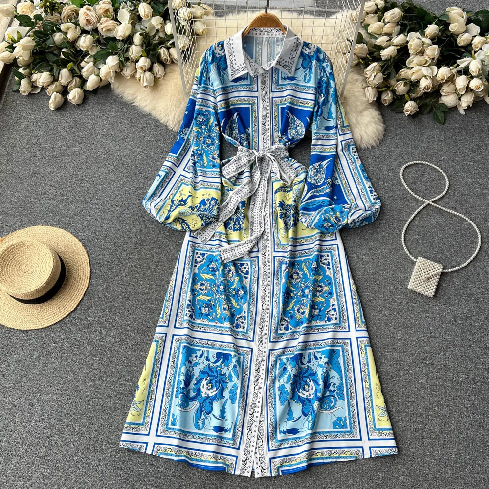 Spring Autumn New Retro Palace Printed Dress Women Lapel Long Sleeve Lace Slim Celebrity Single Breasted Clothes Vestidos K059