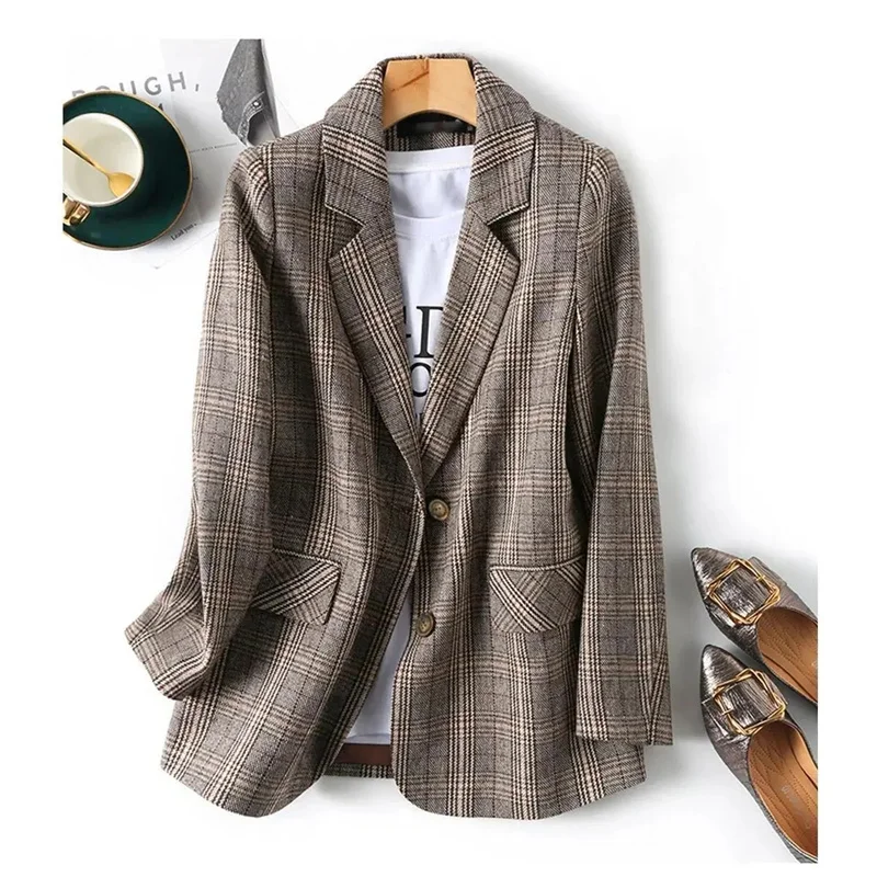 New 2023 Autumn Vintage Single Breasted Office Plaid Blazer Ladies Long Sleeve Korean Loose Suit Jacket Women Blazers Female