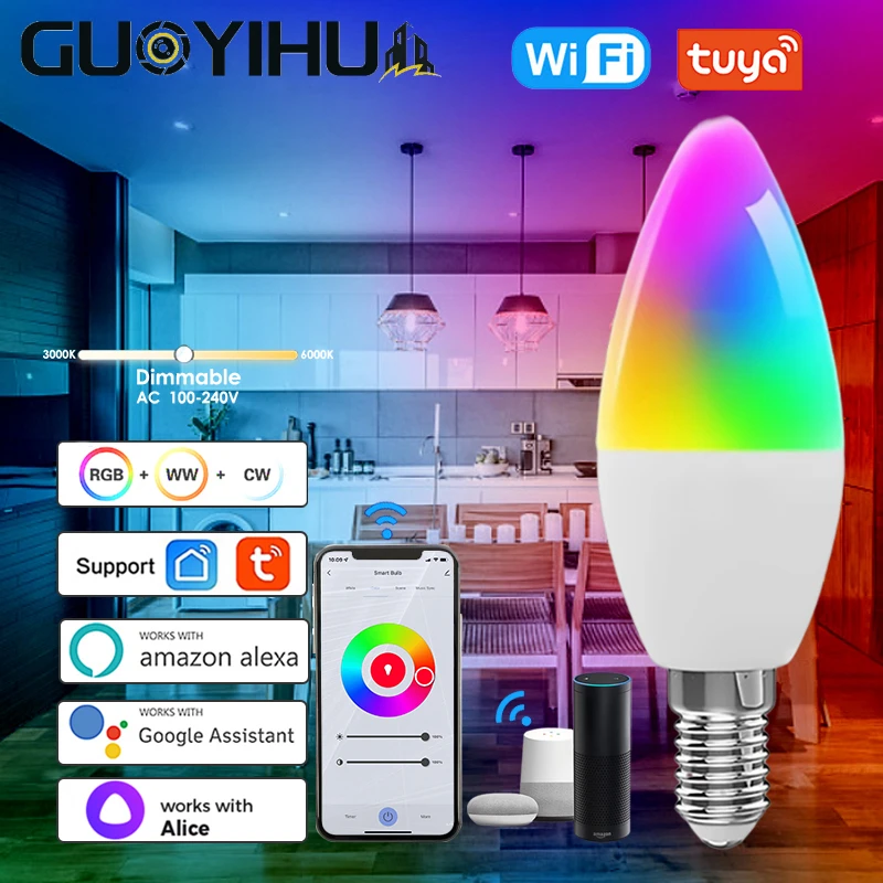 

Умная Светодиодная лампа GUOYIHUA E14, RGB-подсветка с регулируемой яркостью и голосовым управлением