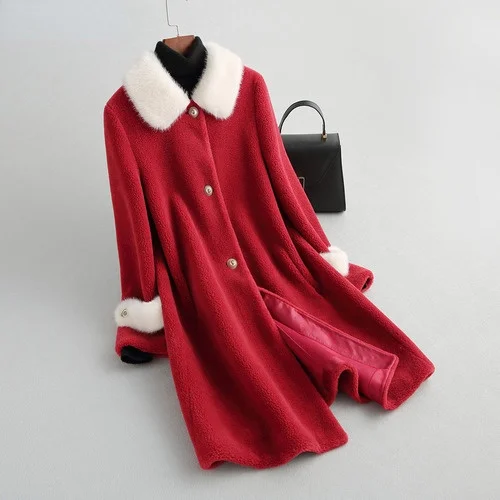 

Женское шерстяное пальто, длинное пальто с воротником из натурального меха норки на осень и зиму, 2022