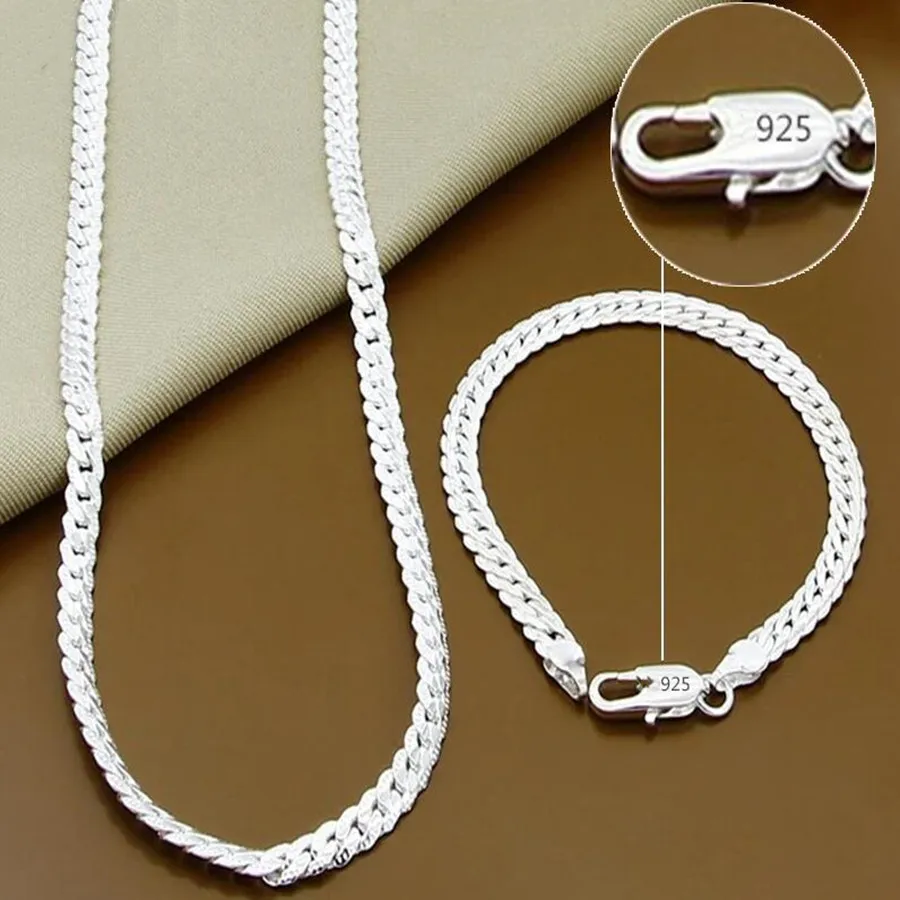 

Изысканные 45-60 см 925 стерлингового серебра 6 мм Full Боком ожерелье браслет, модное ювелирное изделие для женщин мужчин звено цепи в комплекте ...