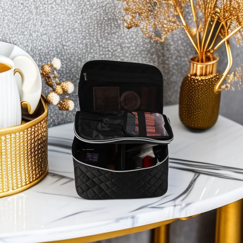 Travel Makeup Bag Double Layer  Portable Cosmetic Bag with Divider Organizer Case for Storage Cosmetics Make up Brush Large Capa