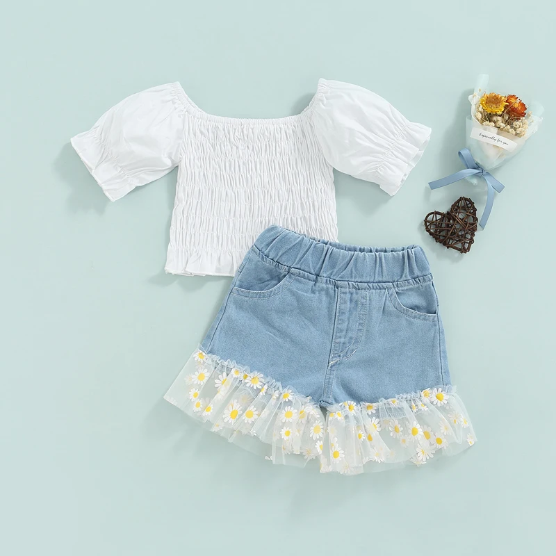

1-4 Years Baby Girls Summer Clothes White Square Collar Short Puff Sleeve Ruched Tops and Daisy Print Yarn Hem Denim Shorts
