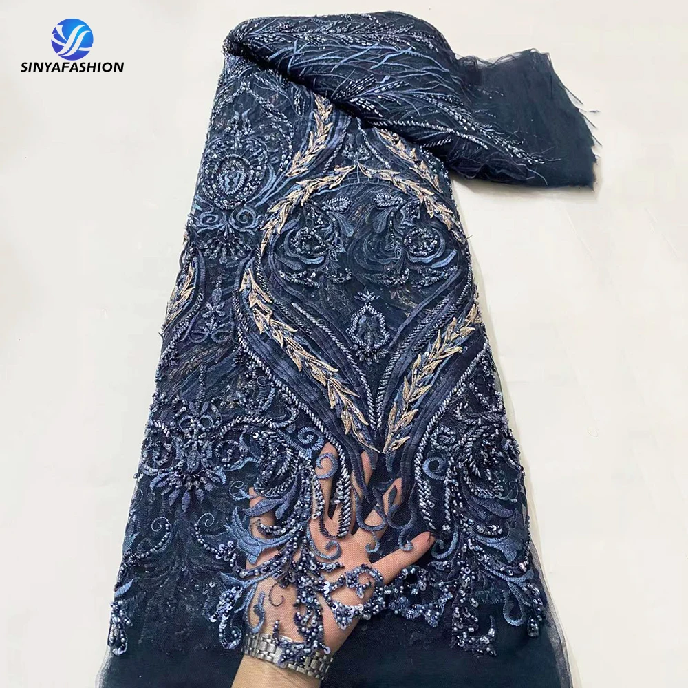 

Navy Blue Luxury Nigerian Hand Beaded Lace Fabric 2023 High Quality Sequins Beads Embroidery African French Lace Fabric 28743