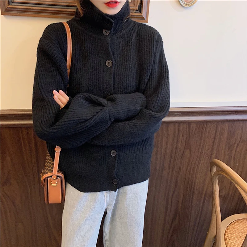 

Korean Outwear Tops Women Autumn Winter Elegant Lapel Buttoned Warm Knitted Cardigan Sweaters Turtleneck Long Sleeve Sweaters