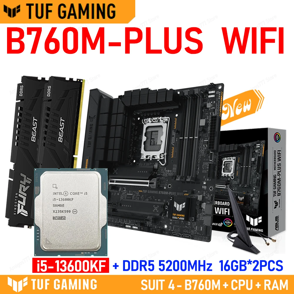 

ntel i5 13600KF CPU + ASUS TUF GAMING B760M PLUS WIFI DDR5 Motherboard Suit B760 LGA 1700 With 5200MHz 32GB Ram PC Gamer DIY New