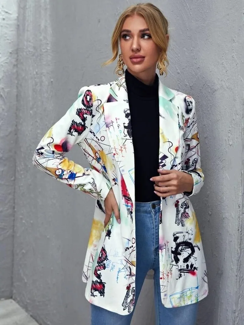 Indie Print Blazer Women Single Button Long Sleeve Suit 2021 Office Lady Business Suit Commute Multicolor Blazers Casual Jacket