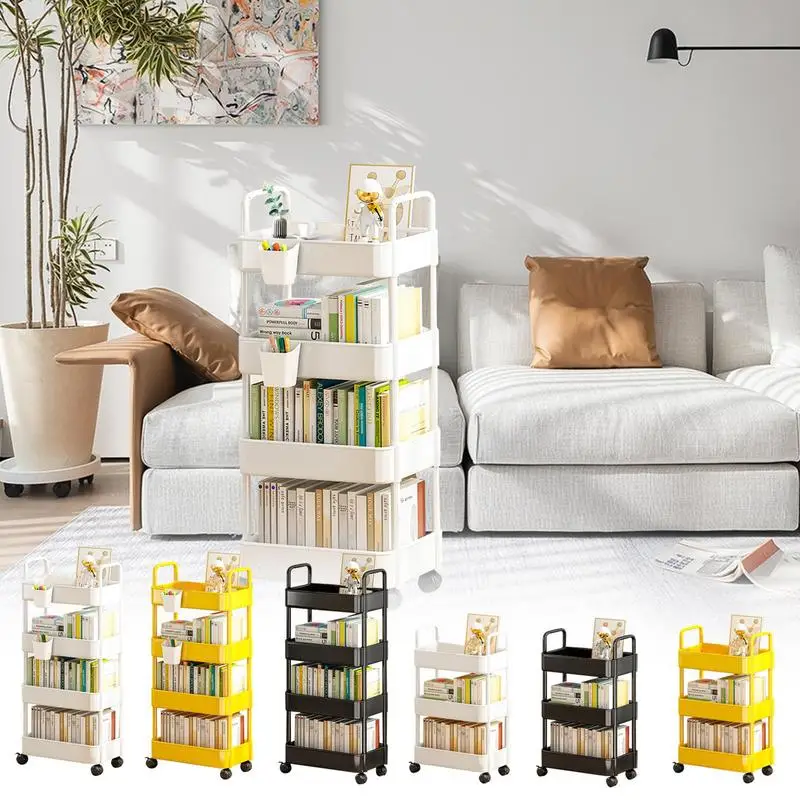 

Utility Cart On Wheels Storage Trolley Book Cart Rolling Shelf With Wheels & Hooks Snack Cart 3/4 Tier Movable Storage Organizer