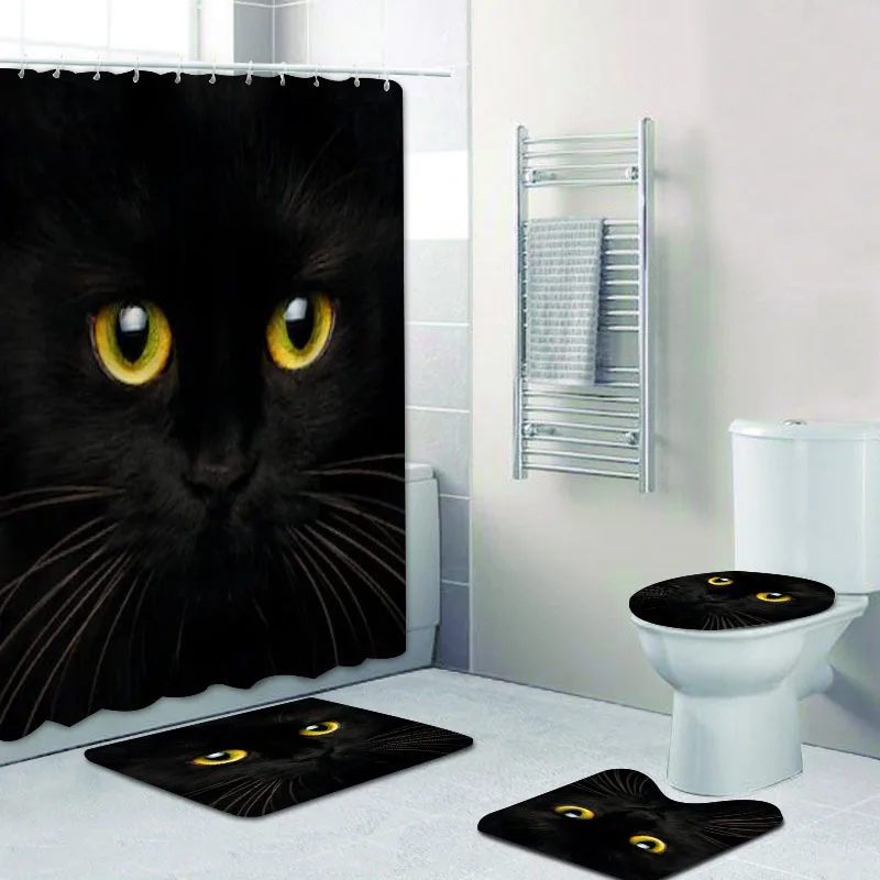 

Занавеска для душа в виде черной кошки на Хэллоуин, набор длинных водонепроницаемых штор для ванной, коврик, ковер, аксессуары для туалета, д...