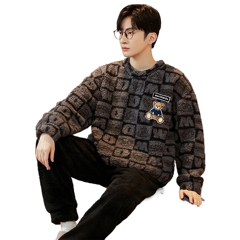 QUHENG 5XL Large Size Flannel Man's Collar Pajamas Set  Winter Warm Home Clothes Coral Fleece Sleepwear Thick Warm Nightwear