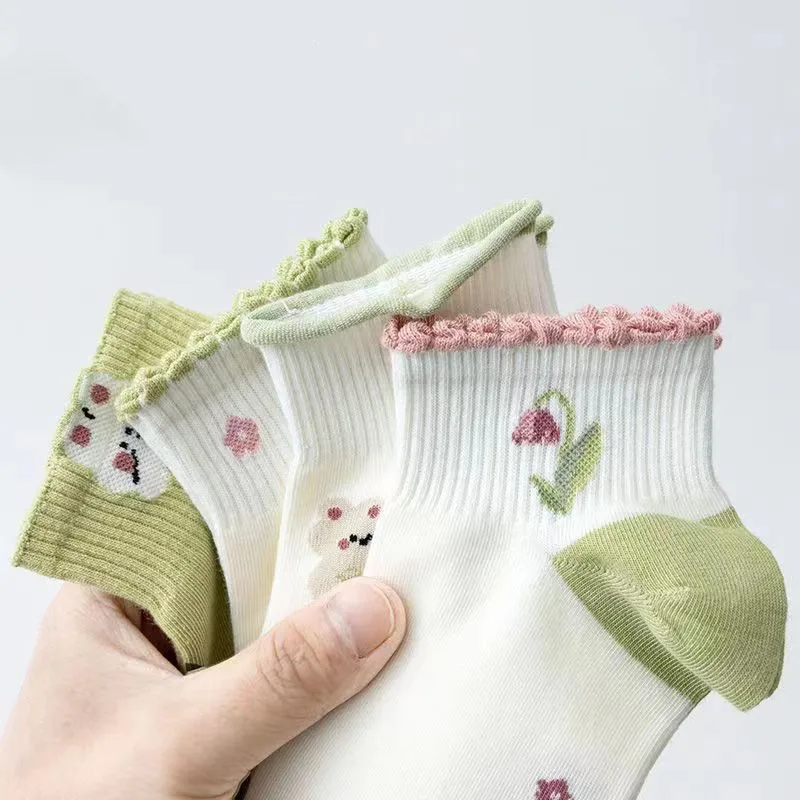 5 Pairs Women Cotton Floral Cartoon Cute Socks Set Spring Summer Female Girls Breathable Students Short Socks Set For Women