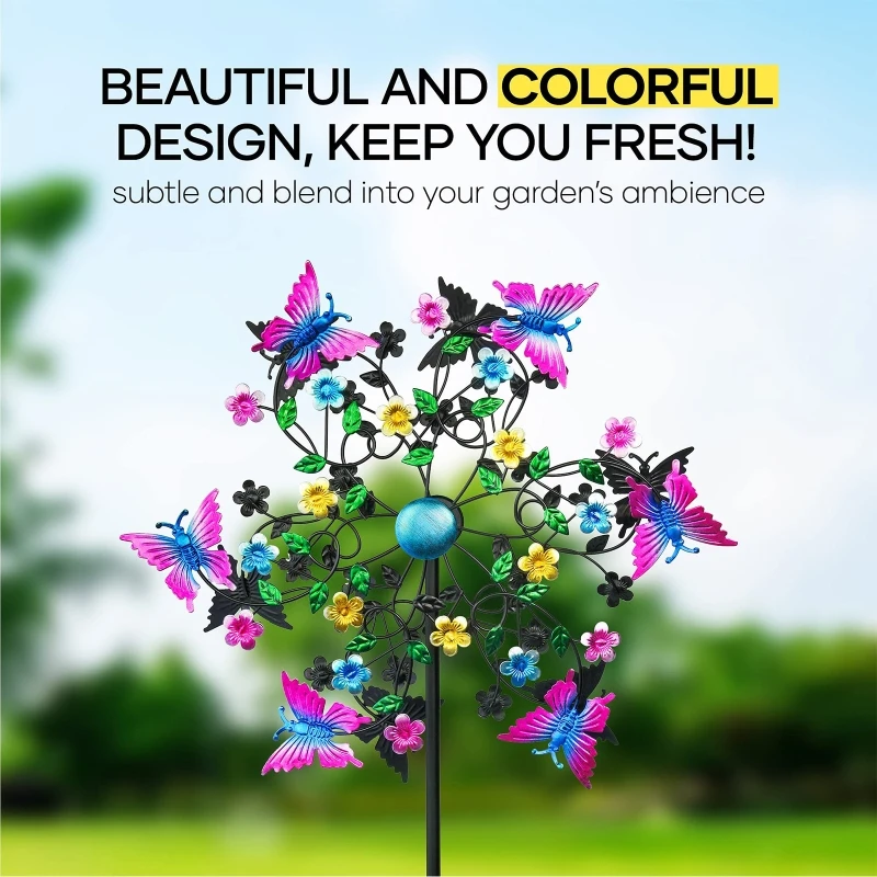 

Large Metal Wind Spinners Butterflies Windmill with Spin Flowers Colourful for Yard and Garden Outdoor Art Decoration