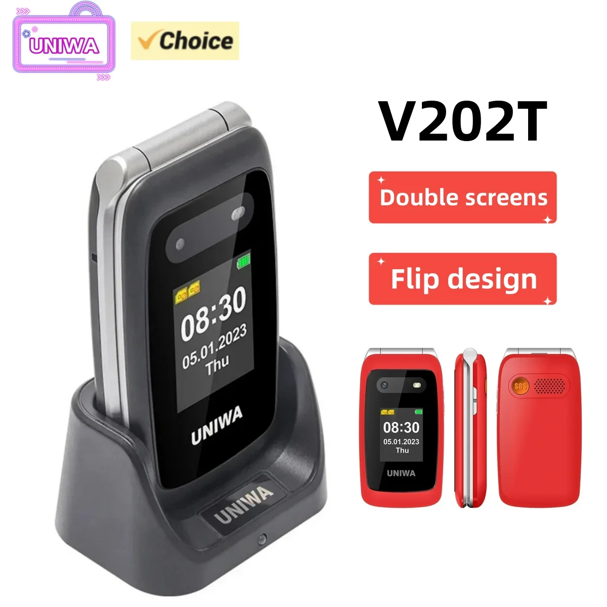 UNIWA V202T Флип-телефон С Двойным Экраном Большая Кнопка Двойная SIM-карта 4G