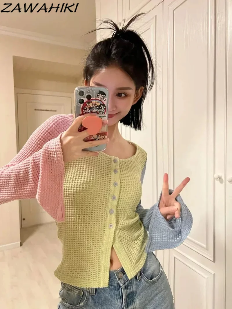 

Fashion Knitted Patchwork Cardigan Cute Colorful Sweater Lantern Sleeve Women Top Elegant Korean Cardigan Designer Clothes