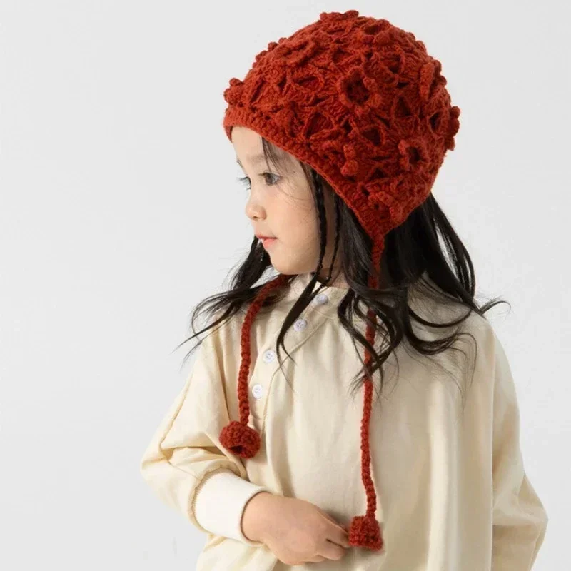Винтажная детская шапка с цветочным узором осенне-зимняя ажурная шапочка